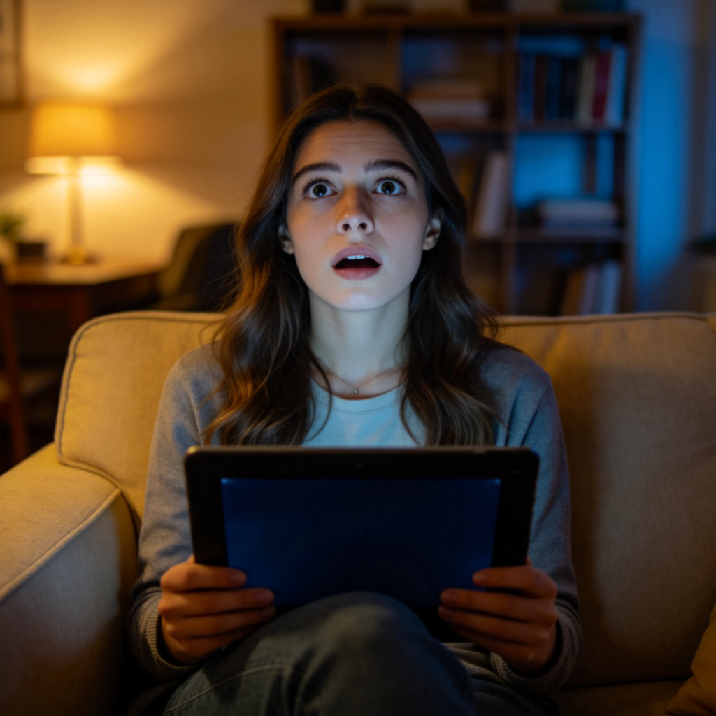 A mid-shot of a young woman sitting on a sofa at home, staring into space with a shocked and thoughtful expression. She is holding a tablet on her lap, its screen dark. The room lighting is soft and moody. The focus is on her emotional state. No text.