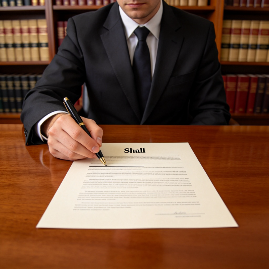 A lawyer in a suit, sitting at a large wooden desk, pointing to a line of text in a formal contract document with a pen. The text prominently includes the word 'Shall'. The background is a bookshelf with law books. Professional, clear lighting. No text visible except the word in the contract.