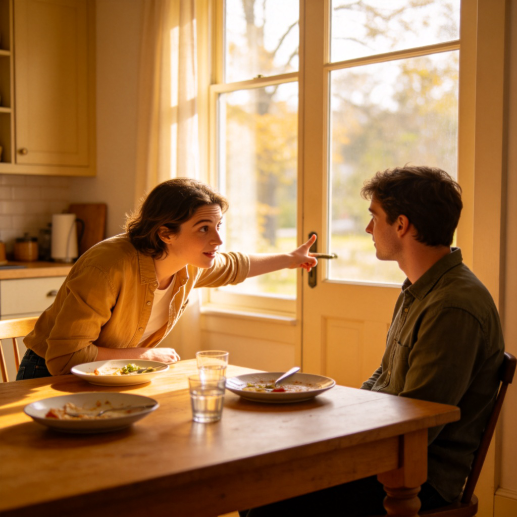 Two people in casual clothes sitting at a cozy kitchen table after a meal. One person is leaning forward with a friendly, questioning expression, gesturing towards the door as if asking a question. The scene is warm and inviting with natural light from a window. No text.