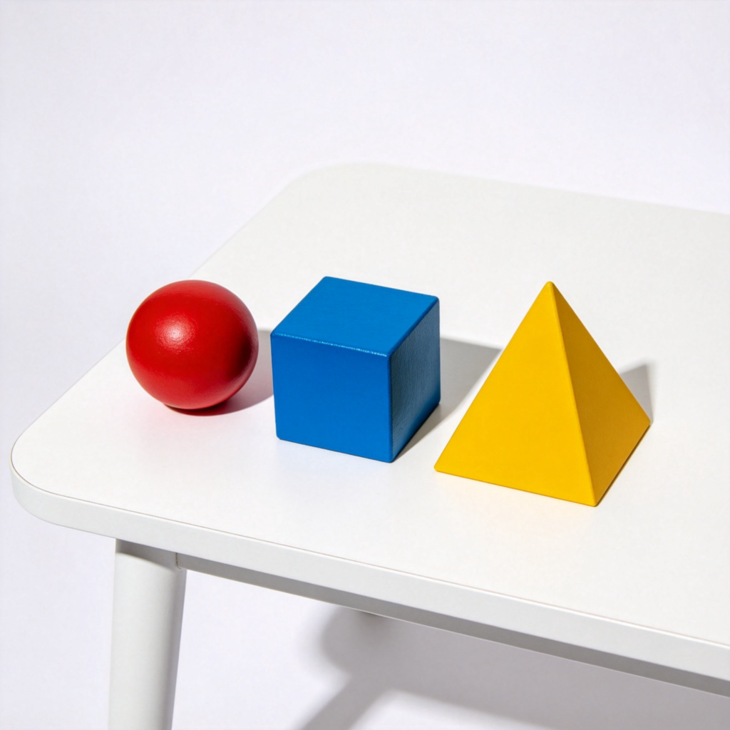 A simple white table with three distinct objects placed side by side: a red sphere (a ball), a blue cube (a block), and a yellow pyramid. Clean, bright background, overhead lighting, sharp focus on the contrasting shapes. No text or patterns.
