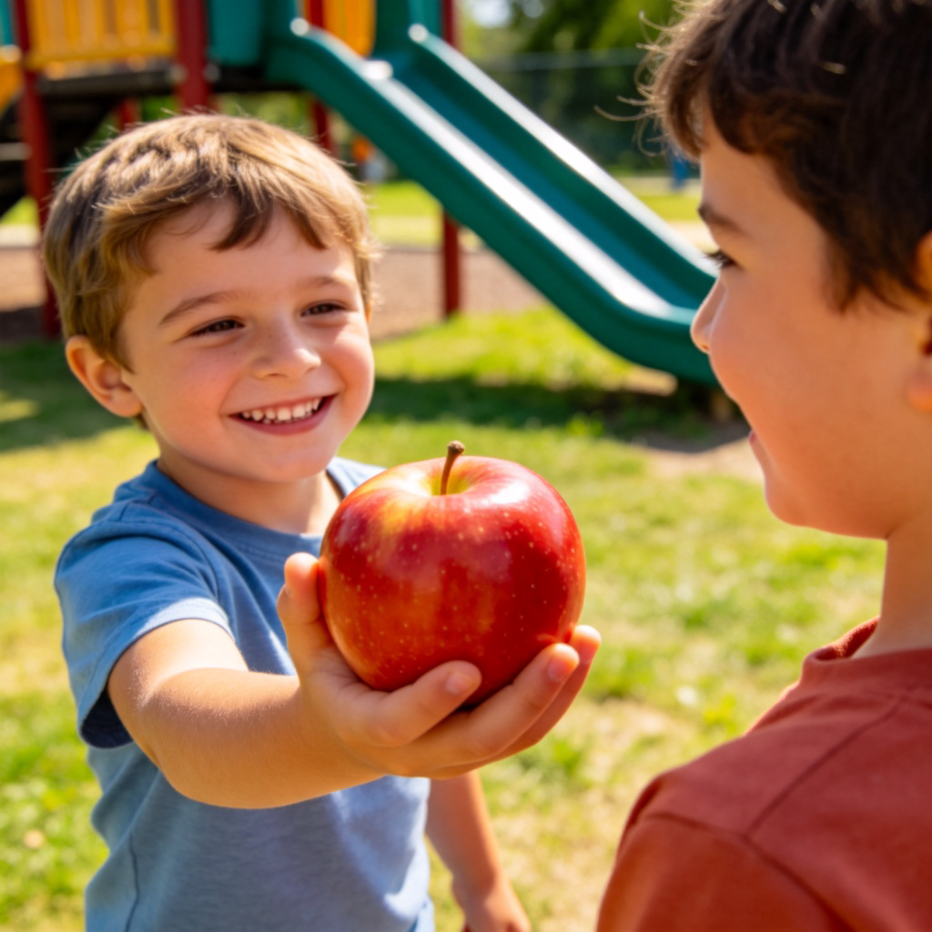 A smiling child handing a bright red apple to another child on a sunny playground. Both children look happy. The focus is on the hand-off of the apple. Simple background with grass and a slide. Realistic style, warm daylight. No text.