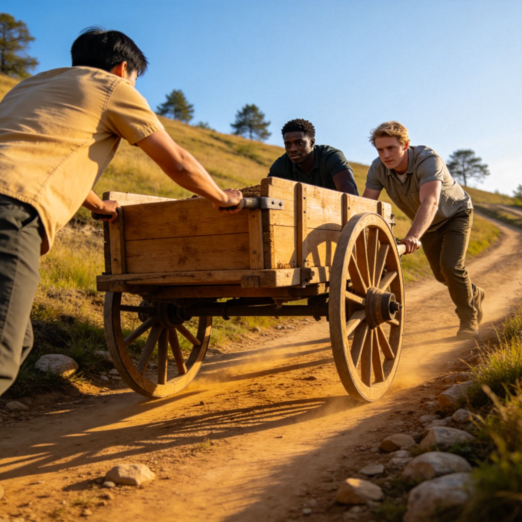 Three people of diverse backgrounds pushing a heavy cart together uphill. They are cooperating, showing effort and teamwork. The cart is the central focus. Rural path setting, clear day. Photorealistic style, emphasizing the joint action. No text.
