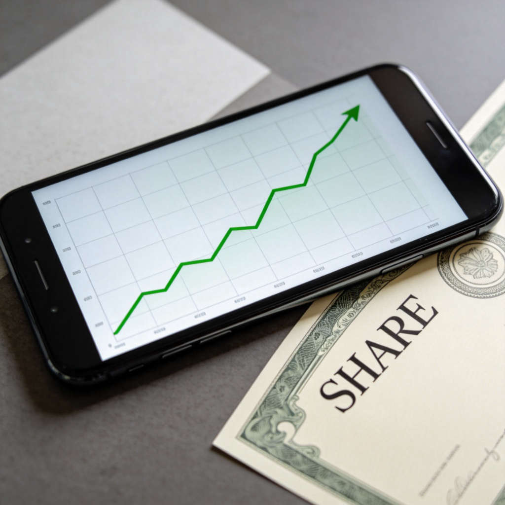 A close-up of a computer or smartphone screen showing a simple stock market chart with a green upward trend line. Next to the chart, a paper certificate with the word ‘SHARE’ clearly printed on it. Clean, modern desk setting. Sharp focus, clear graphics. No text on the screen other than the chart.