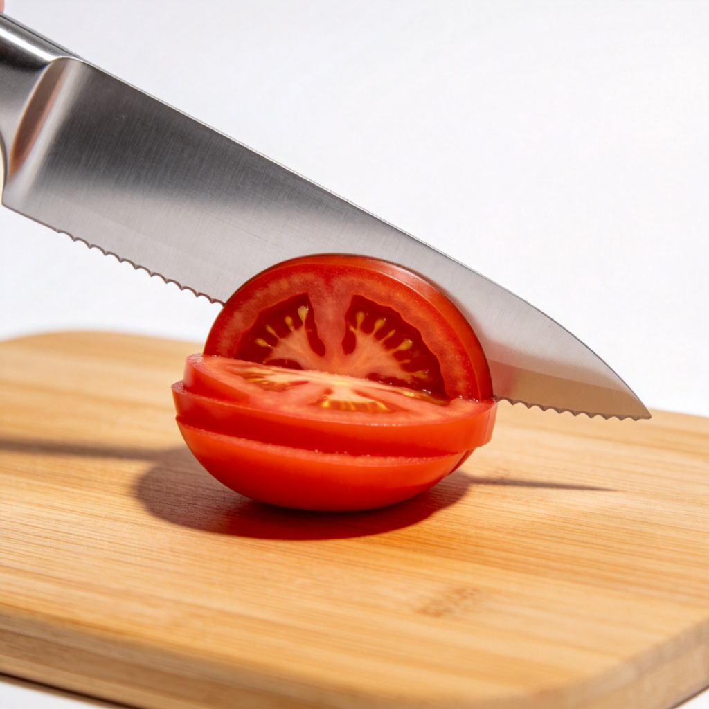 sharp 锋利含义图解：锋利的刀切开番茄