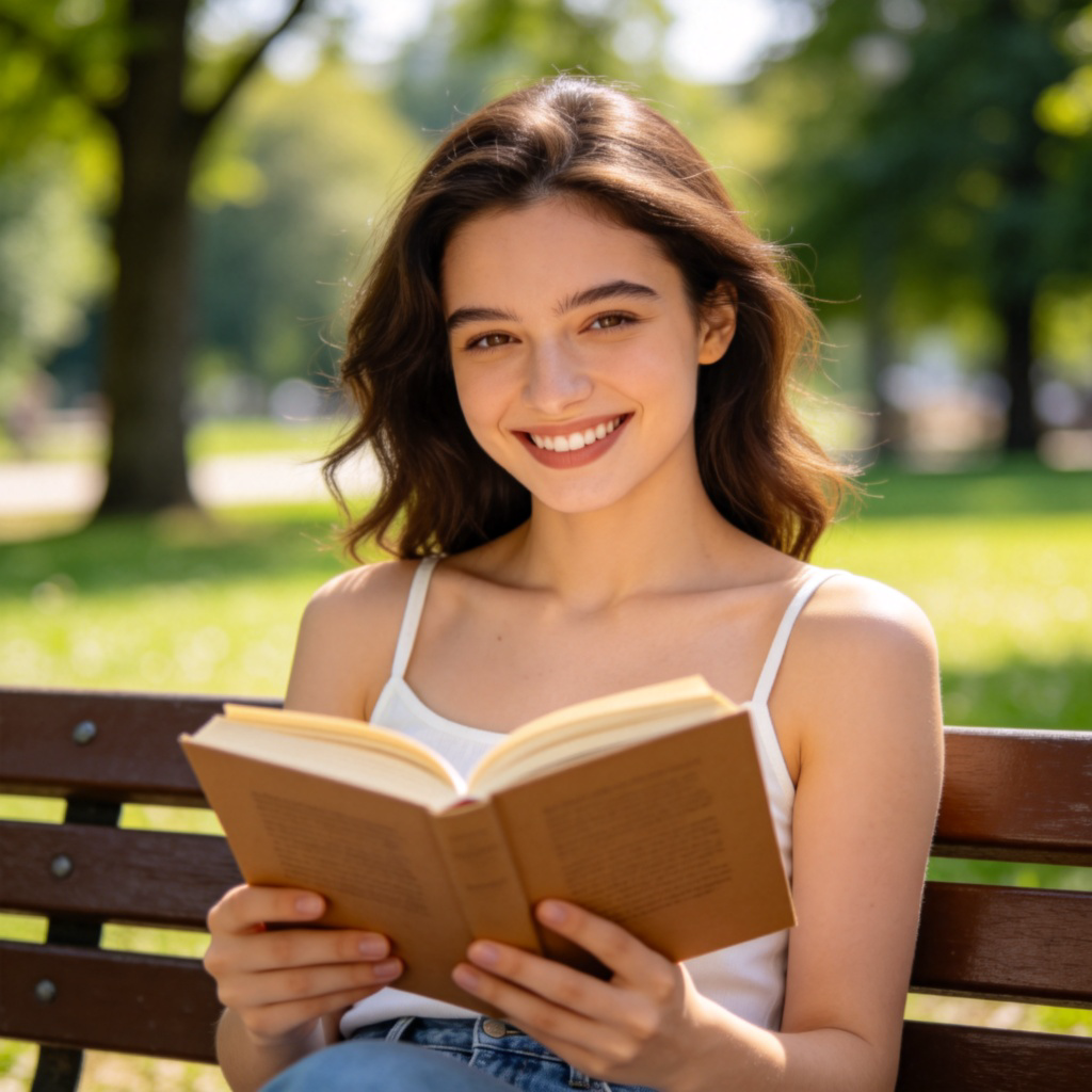 A clear photo of a smiling young woman, sitting on a park bench and reading a book. She is the only clear subject in the frame, with a blurry natural background of trees and grass. Bright, natural daylight. No text or logos.