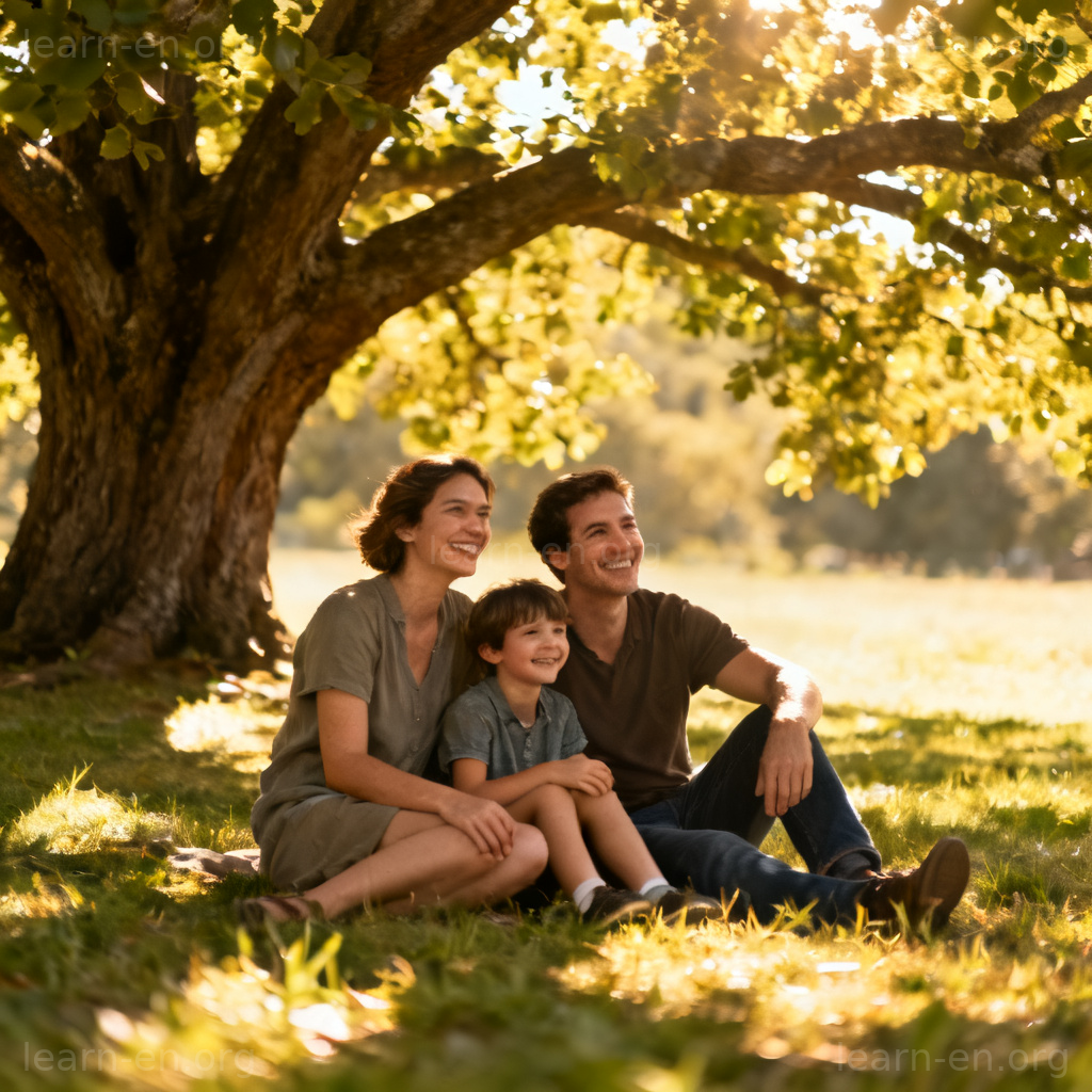 Shelter as protection: family shaded under a large tree on a sunny day.