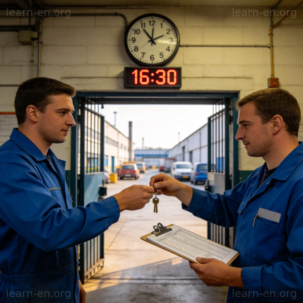 Shift change handover at factory gate with clock