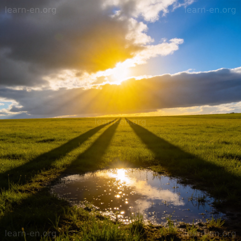 shine 发光含义图解：阳光穿透云层照亮田野