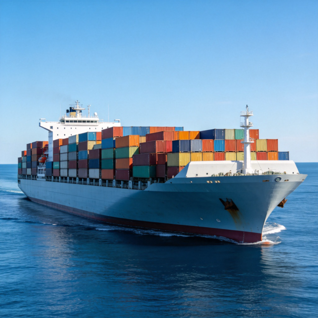 A large, modern cargo ship with colorful containers stacked on its deck, sailing on a calm blue sea under a clear sky. The ship is the main focus, taking up most of the frame, viewed from the side. Photorealistic style with sharp details. No text.