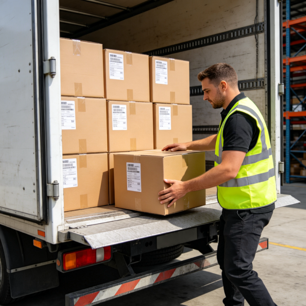 A warehouse worker in a safety vest is loading sealed cardboard boxes onto the back of a large delivery truck. The boxes have shipping labels on them. The scene is bright and clear, focused on the action of moving goods. Photorealistic style. No text.