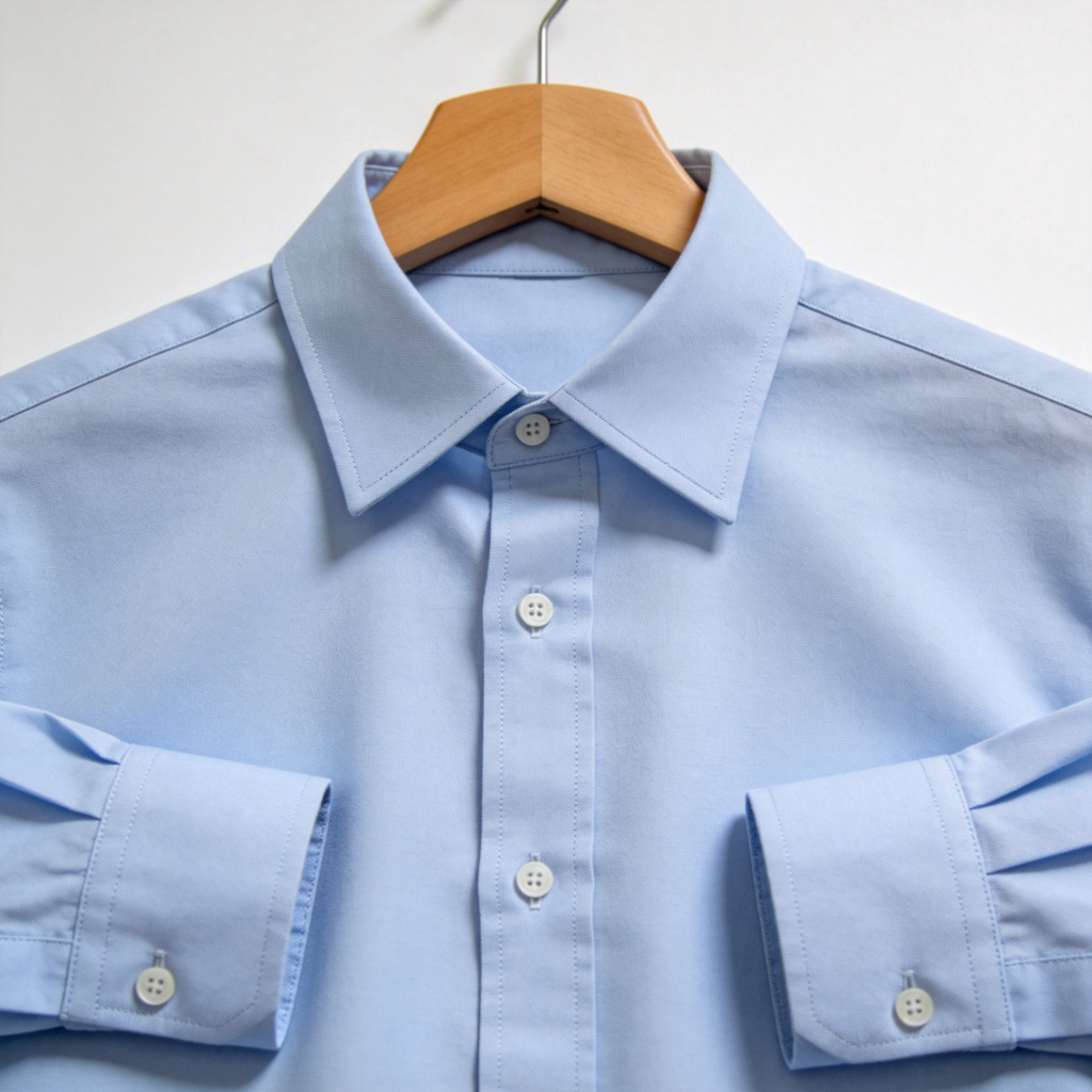 A classic men's button-down shirt, neatly ironed and hanging on a wooden hanger against a plain light background. Focus on the collar, the button placket down the front, and the cuffs on the sleeves. The fabric is a light blue Oxford cloth. Clean, well-lit, realistic style. No text or logos.