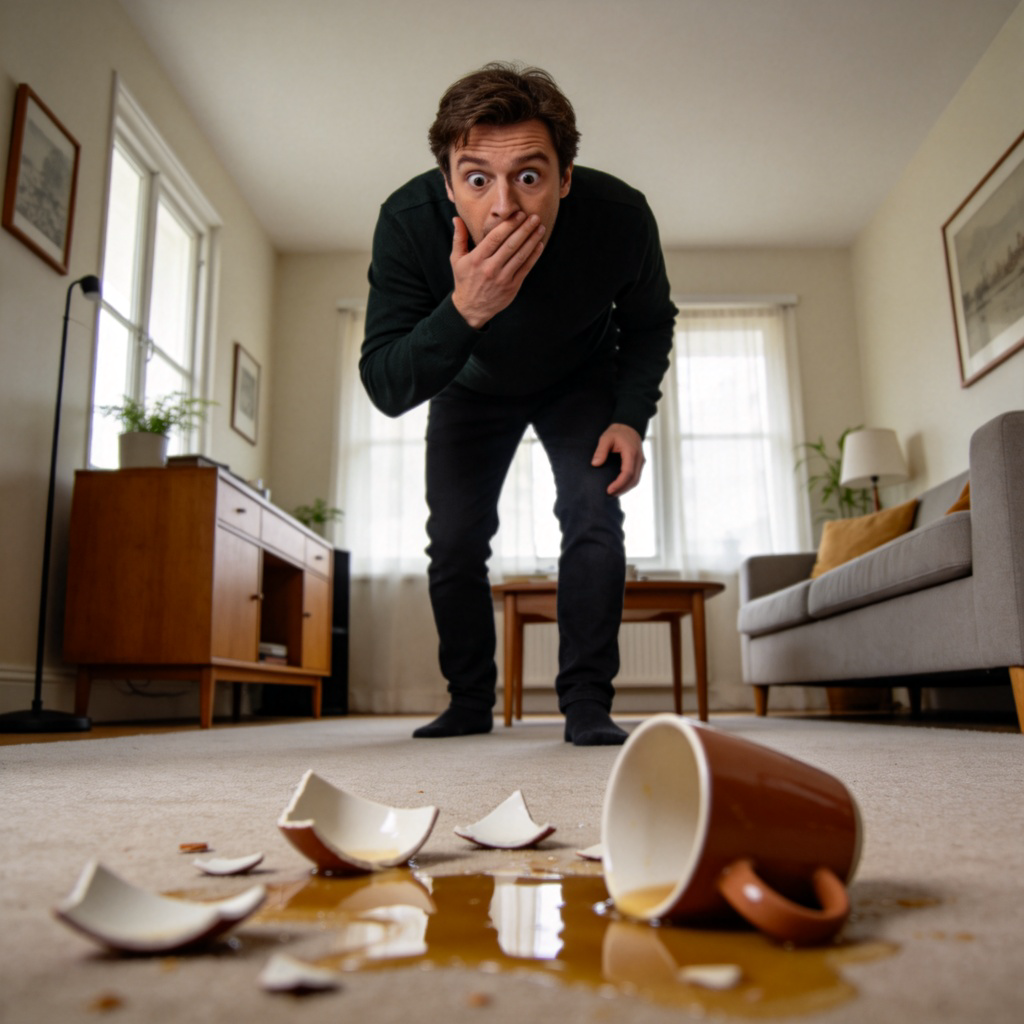 A person standing still with eyes wide open and one hand covering their mouth, showing a face of complete surprise and disbelief. They are looking at a broken object on the floor, like a spilled cup. Simple home background, natural lighting, focus on the person's shocked expression and the messy foreground. No text.