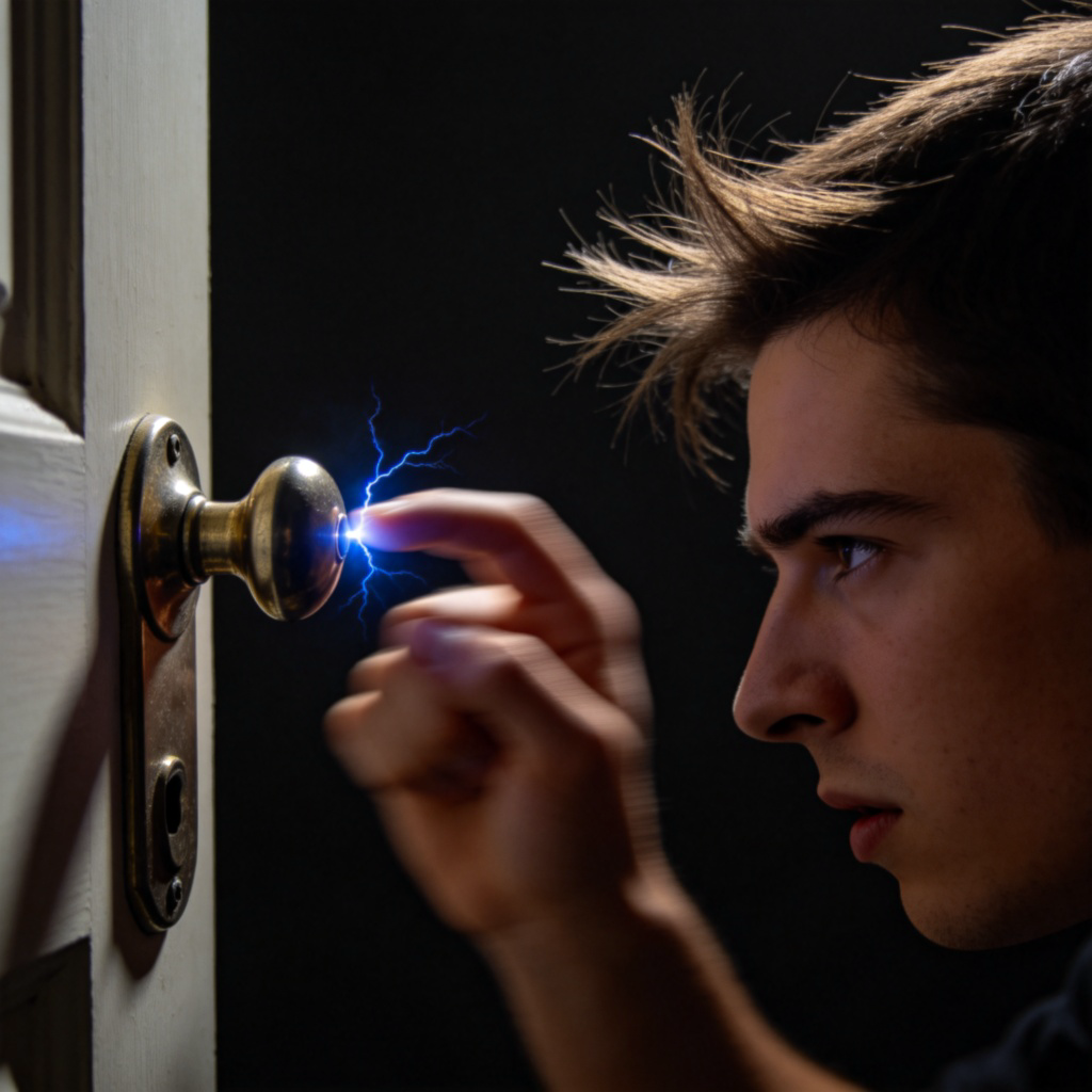 Close-up of a person's hand quickly pulling back after touching a metal doorknob, with a tiny, visible blue electric spark between the fingertip and the knob. The person's hair might be slightly standing on end. Plain dark background, dramatic lighting to highlight the spark. No text.