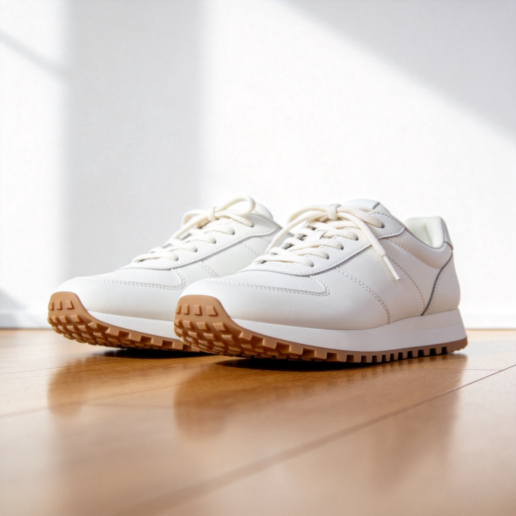 A pair of modern, clean sneakers sitting on a polished wooden floor. The shoes are shown in side view, with visible laces and textured soles. The background is simple and bright, focusing all attention on the shoes. No text or logos anywhere.