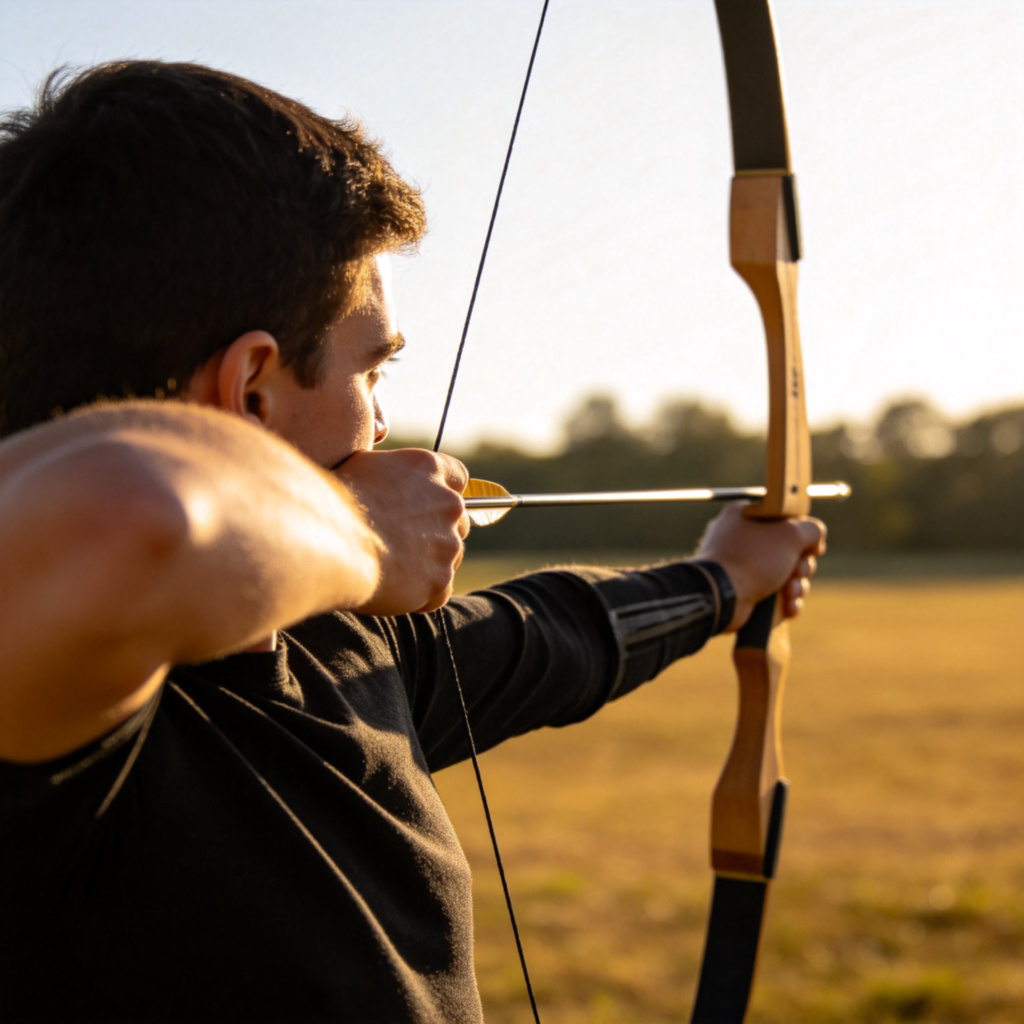 A person is aiming a bow and arrow, pulling the string back. The focus is on their posture and the tension in the bowstring. Clear outdoor background, sharp focus on the action. No text.