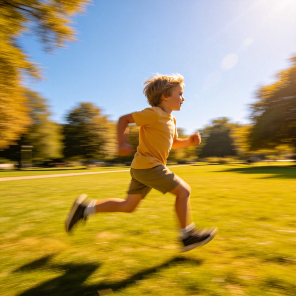 A child is running very fast through a grassy park, legs blurring with motion, showing great speed and energy. Sunny day, dynamic action shot. No text.