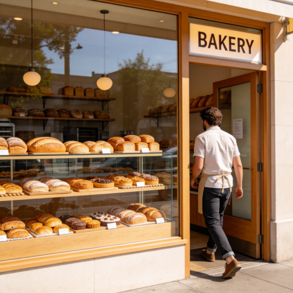 A bright and clean bakery shop front with a large glass window displaying fresh bread and pastries. A sign above the door clearly reads 'BAKERY'. A person is about to enter the shop. Sunny day, cheerful atmosphere, focus on the shop entrance and display. No text on the image except the fictional shop sign.