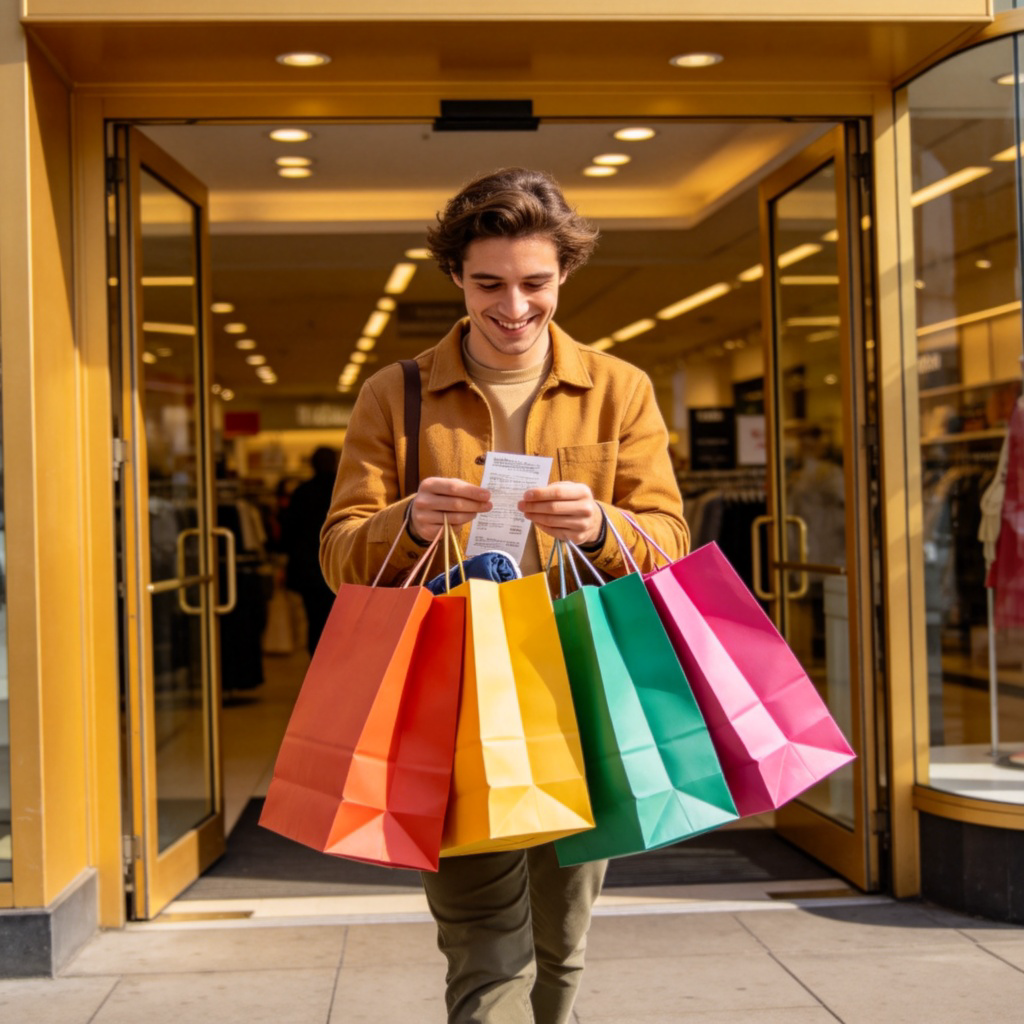 A happy person walking out of a department store, carrying several colorful shopping bags. The person is smiling, looking at a receipt or a new item in one bag. The store entrance is visible in the background. Daylight, casual clothes, focus on the person and the bags to emphasize the action of shopping.