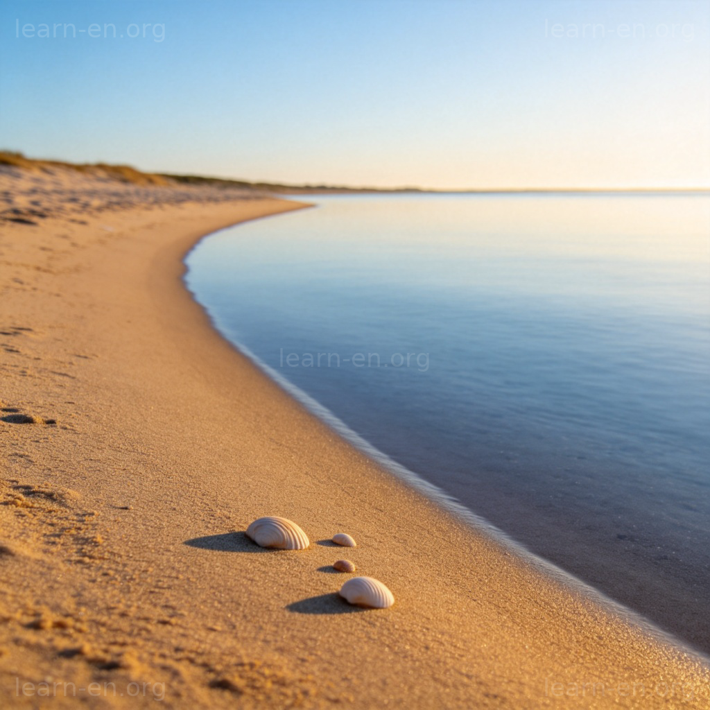 shore名词图解：宁静沙滩与海水相接的岸边场景