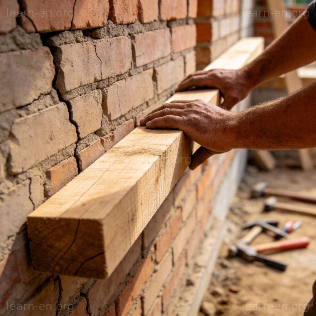 shore动词图解：工人用木梁支撑加固墙体的动作