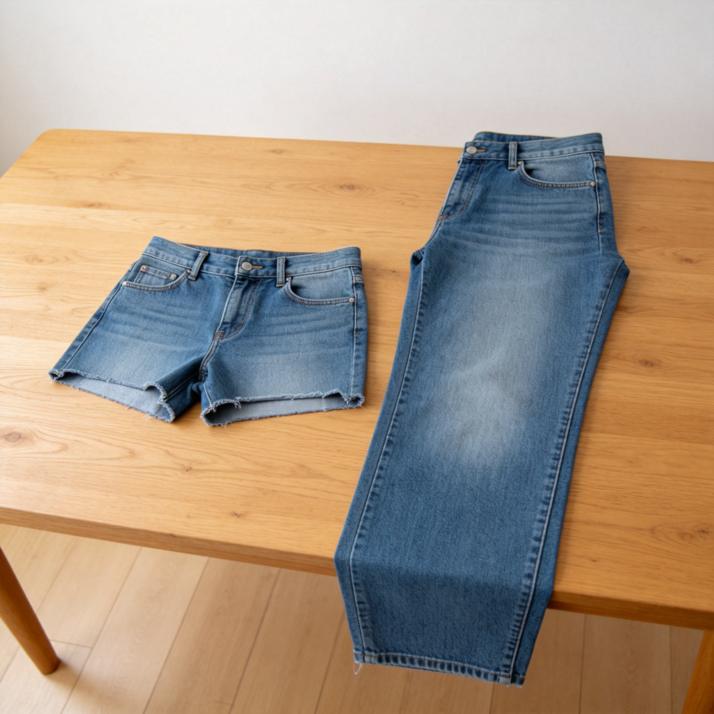 A pair of simple blue jeans is laid flat on a wooden table. One pair is cut off above the knee (shorts), and a full-length pair is placed next to it for clear contrast. Plain background, bright natural light, focus on the difference in leg length. No text or labels.