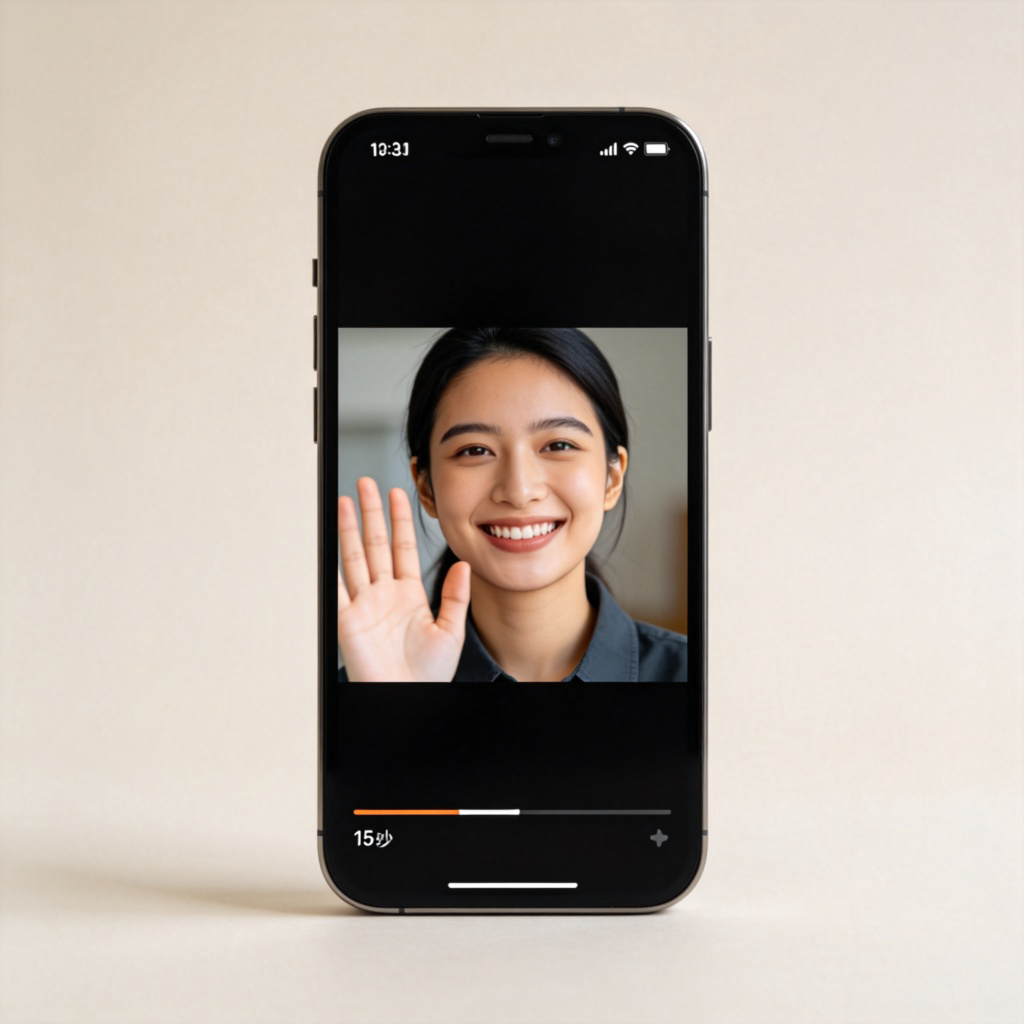 A smartphone screen displaying a popular video app's interface. The video playing is only 15 seconds long, as shown by a very short progress bar at the bottom. The video content is a person smiling and waving. Clean screen, no other text overlays.