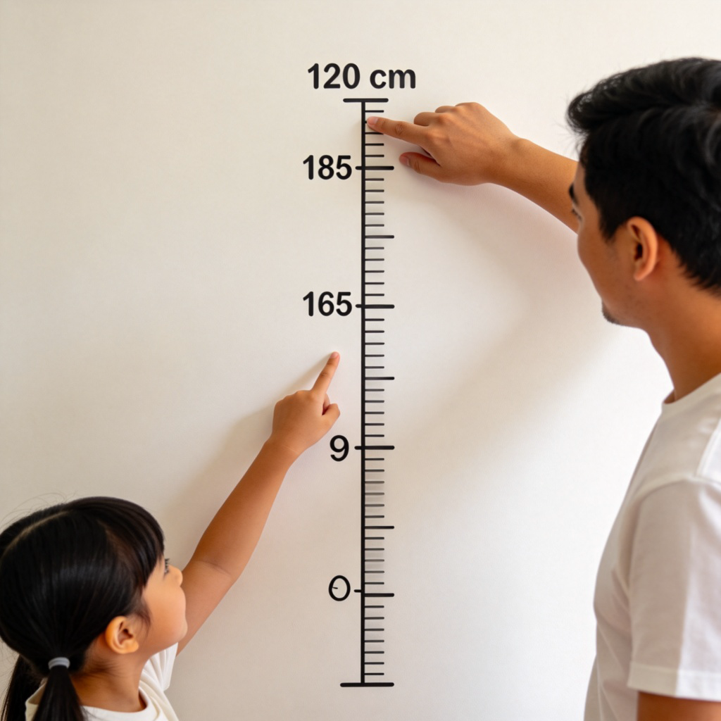 A simple height chart sticker is pasted on a plain wall. A child's hand is pointing to a mark at 120 cm, while an adult's hand points to a mark at 185 cm further up. The clear difference in height levels is the focus. Soft indoor lighting.