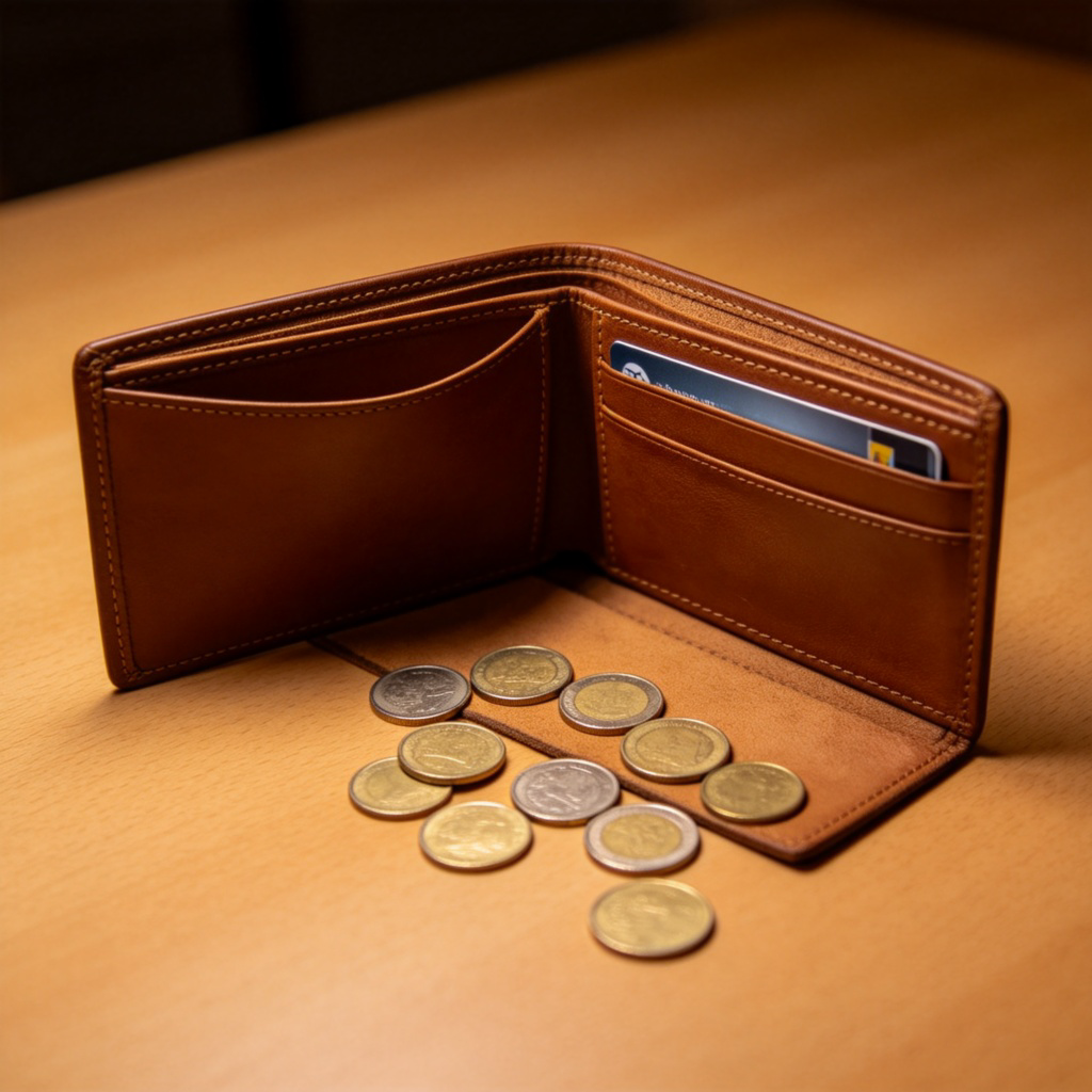 An open, empty brown leather wallet lying on a table. Inside, there are only a few coins and no banknotes. The wallet looks clean but clearly depleted. A single credit card is visible in one slot. Minimal background.