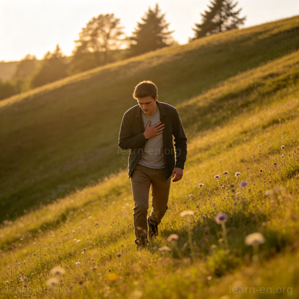 Shortness of Breath 图解：一人上坡时手捂胸口呼吸急促的场景