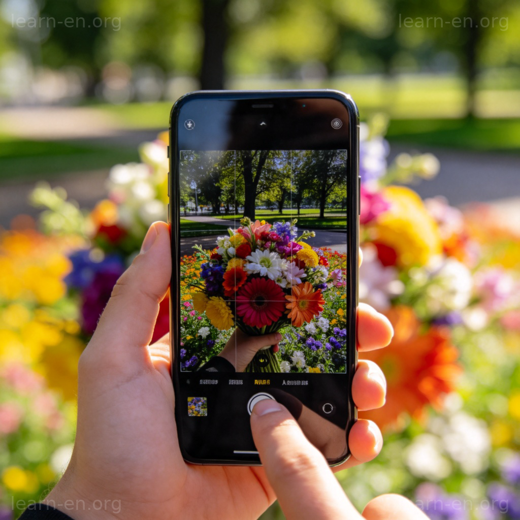 A person's hand holding a smartphone, framing a colorful bouquet of flowers in a sunlit park. The screen shows a clear preview of the flowers, with a finger hovering over the virtual shutter button. Focus on the phone and the subject, with a soft, blurred background. No text or logos.