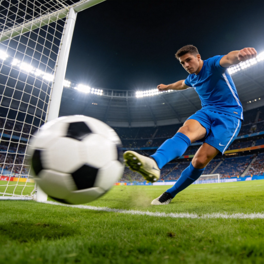A soccer player in a blue jersey is mid-action, kicking a black and white soccer ball towards a goal net. The player's leg is extended, showing force and motion. The scene is on a green football field under bright stadium lights. Focus on the player, the ball, and the goal. No text.