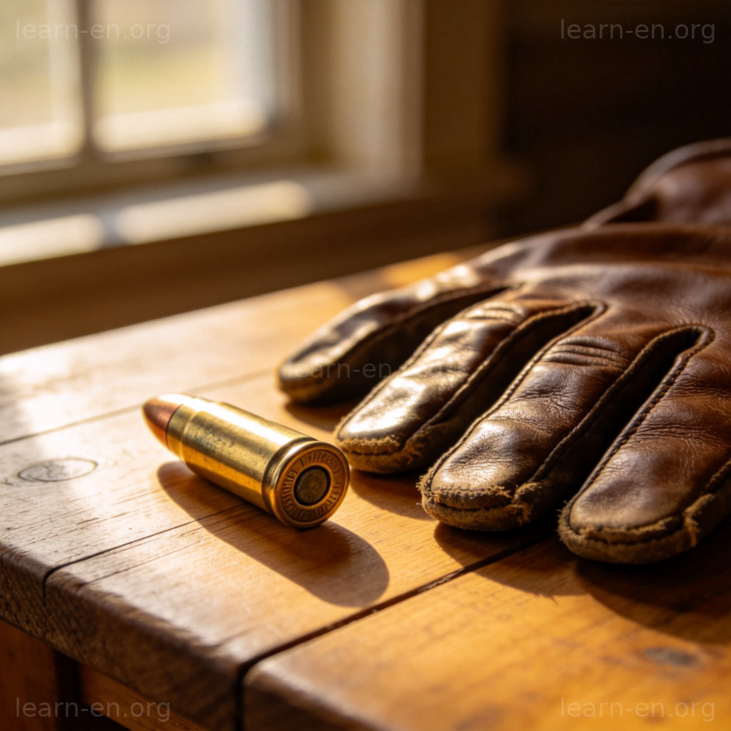A close-up, still life of a single spent brass bullet casing lying on a wooden table next to a pair of old leather gloves. Soft, natural light from a window highlights the texture of the metal and leather. The mood is historical and reflective, not violent. No text, no active weapons or people.