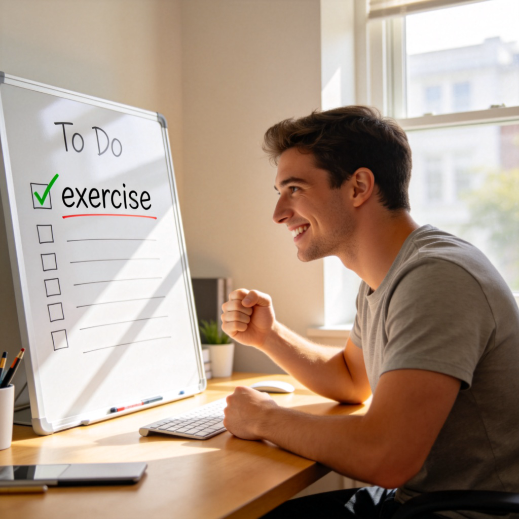A person looking at a to-do list written on a whiteboard. One item on the list is highlighted and has a checkmark next to it, with the simple word "exercise" visible. The person is smiling, looking determined. Natural light from a window, clean and organized home office setting. No text on the image besides the single word on the board.