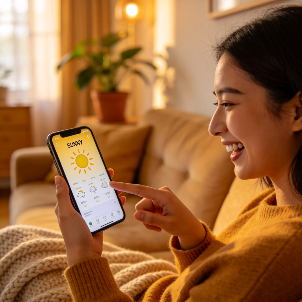 A person holding a smartphone, looking at a weather app screen showing a sun icon and the word 'SUNNY' for tomorrow's forecast. The person looks pleased and is pointing at the screen. The scene is in a cozy living room. The image is focused on the phone screen and the person's reaction.