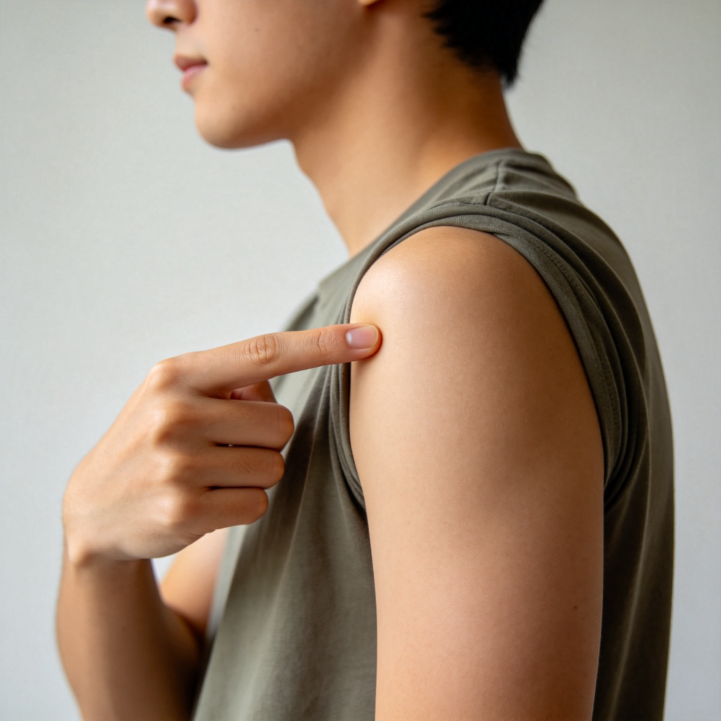 A person, side view, pointing with their finger to their own shoulder joint. They are wearing a simple T-shirt. The shoulder area is the clear focus of the image. Plain background, daylight. No text or logos.