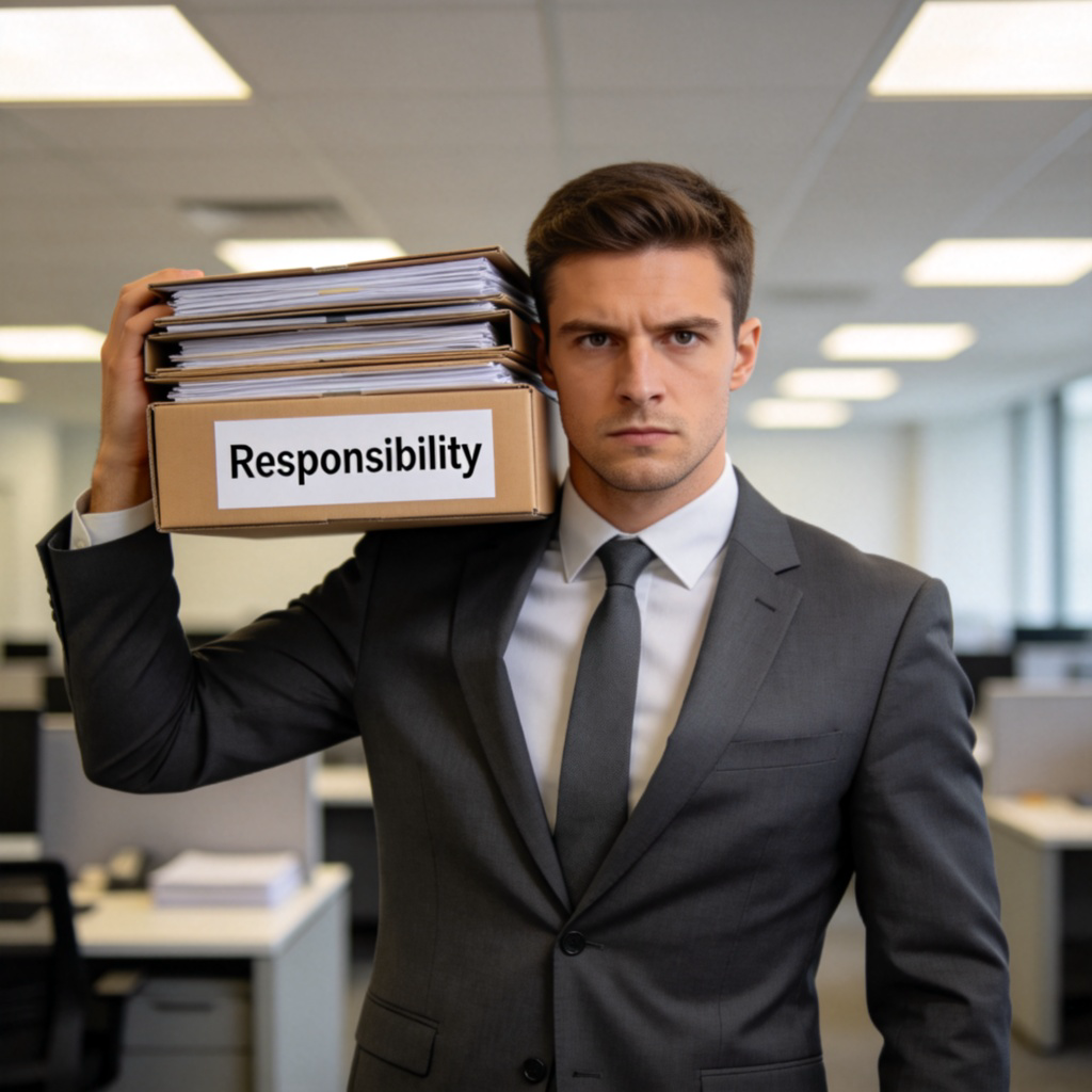 A determined-looking person standing confidently, holding a stack of important-looking files or a box labeled "Responsibility". They are holding it up at shoulder height, showing they are carrying it. Office or neutral background, clear lighting. No text.