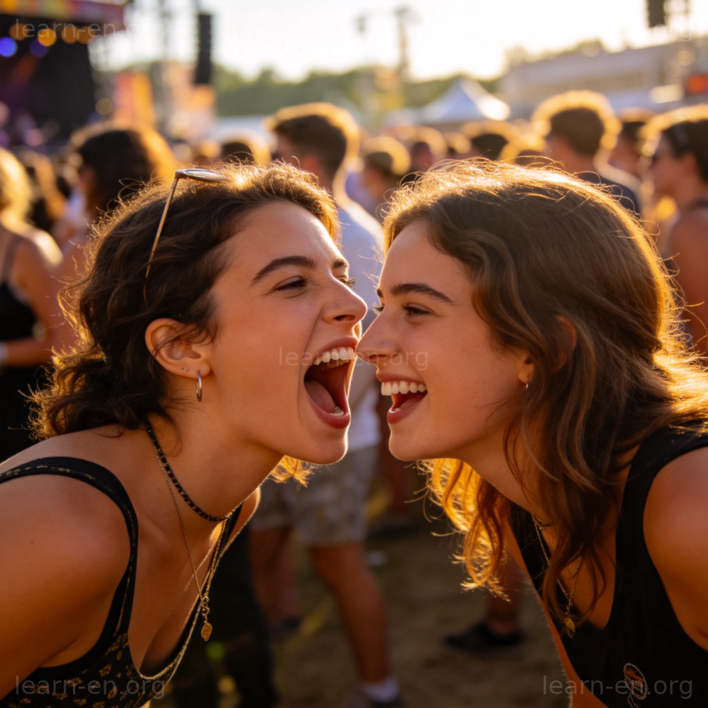 shout 呼喊含义图解：音乐节上对朋友大声说话