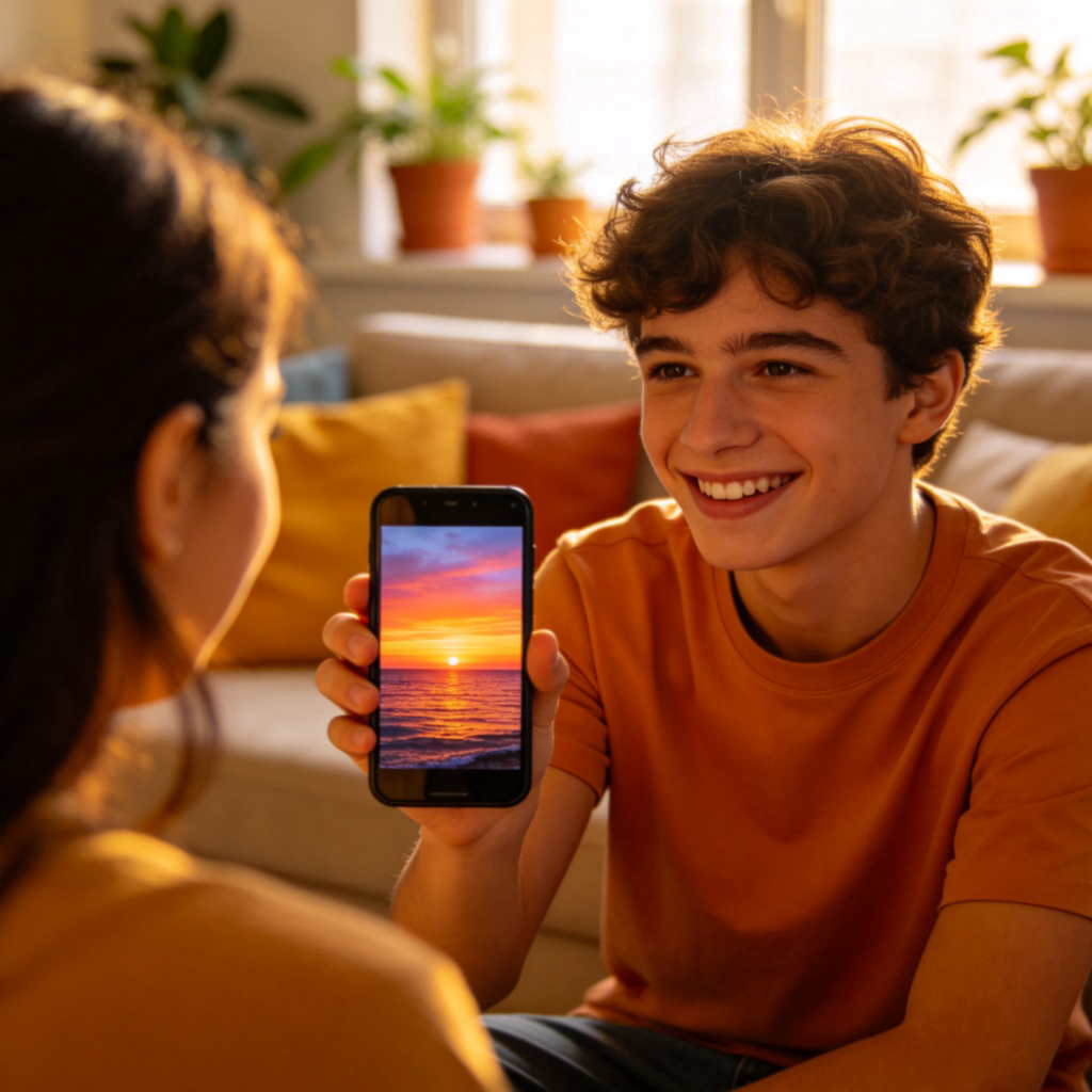 A young person, smiling, holding up their smartphone screen to a friend. The screen displays a colorful sunset photo. They are in a cozy living room. Natural light, focus on the action of showing. No text.