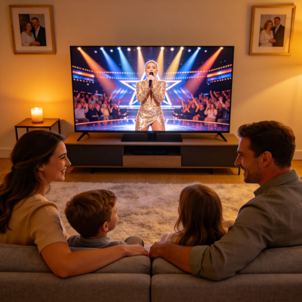 A family sitting on a sofa, looking at a large television screen. On the screen, a person is singing on a bright talent show stage. The room is warm and comfortable, focused on the family's enjoyment of the show. No text.