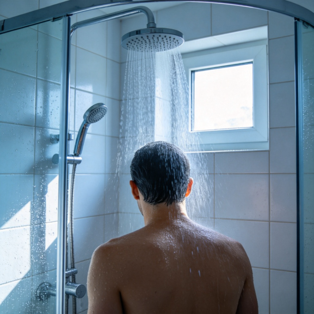 A modern bathroom with a transparent glass shower cubicle. Water is spraying down from a silver showerhead onto a person's back and shoulders. The tiles are clean and wet. Natural morning light comes from a small window. No text or brands visible.