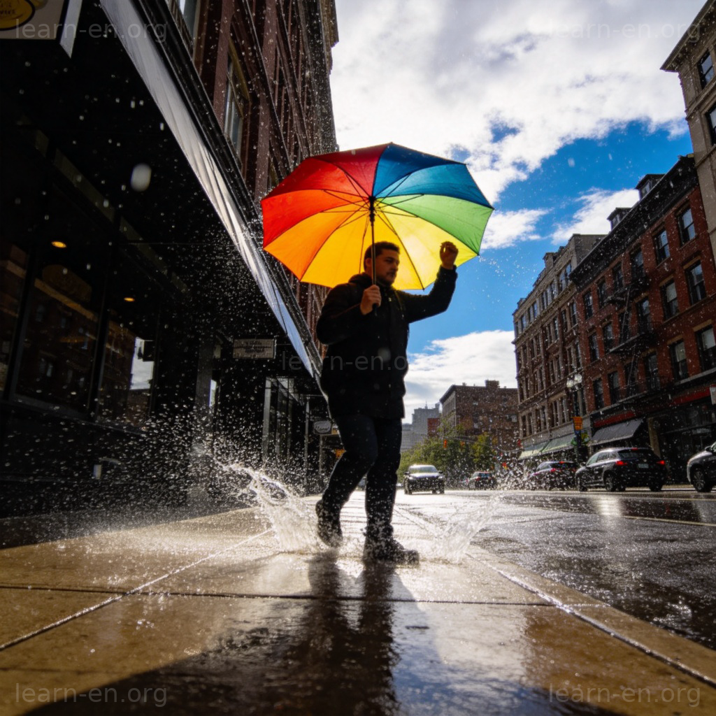 A person on a city street sidewalk, caught off guard by a sudden downpour. They are quickly opening up a bright-colored umbrella as raindrops create visible splashes on the pavement. The sky is partially cloudy, with a patch of blue visible in the distance. No text.