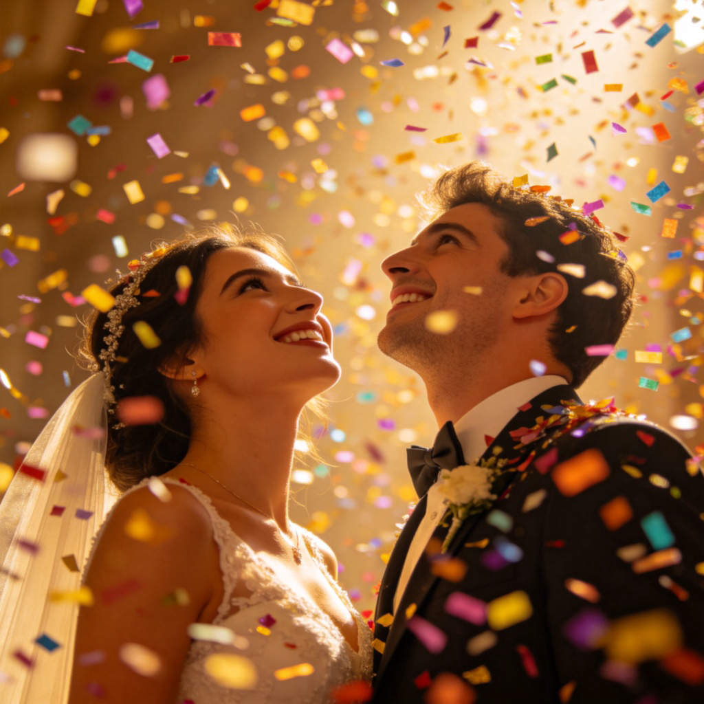 A close-up, joyful scene at a wedding. Newlyweds are smiling and looking up as colorful confetti is being thrown over their heads from all sides, falling like a rain of celebration around them. Their expressions are happy and festive. No text.