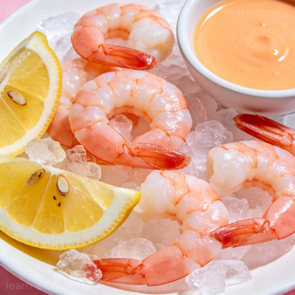 Shrimp 图解：一盘鲜美的粉色熟虾配柠檬和酱汁