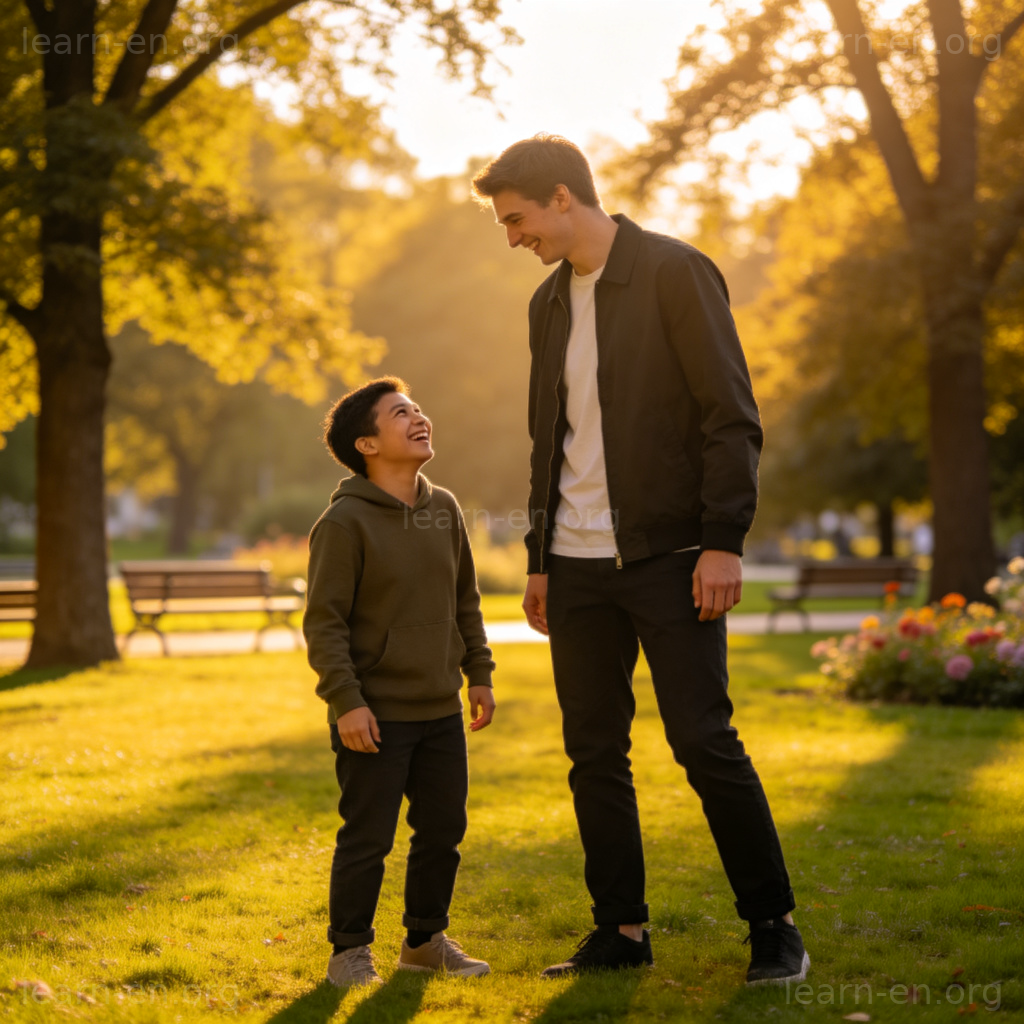 Shrimp 俚语图解：矮个子与高个子朋友在公园欢笑对比