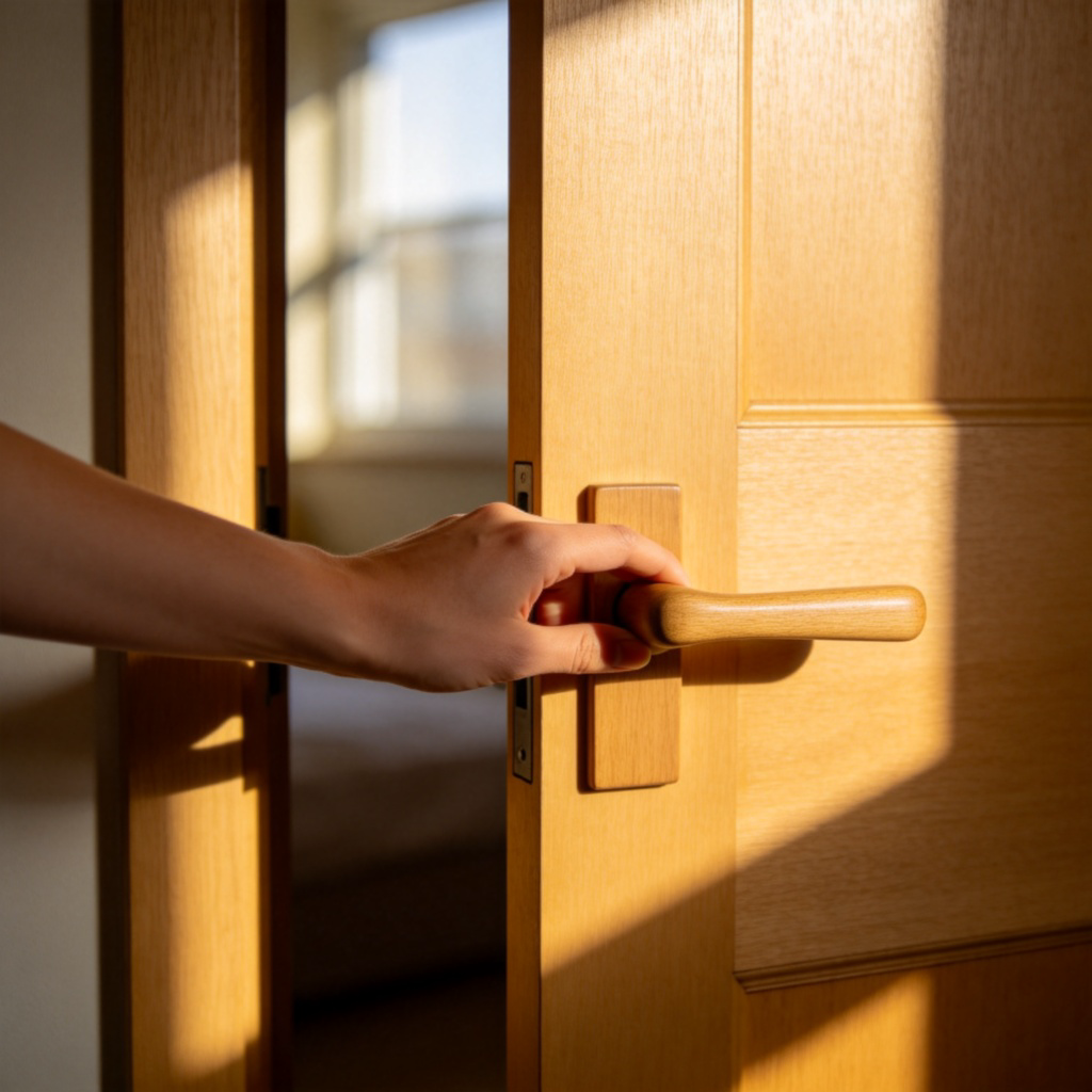 A person's hand is turning the handle of a simple wooden door, pushing it closed. View is from inside a room, looking towards the door. Soft, natural light from a window illuminates the scene, focus is on the hand and door handle. No text.