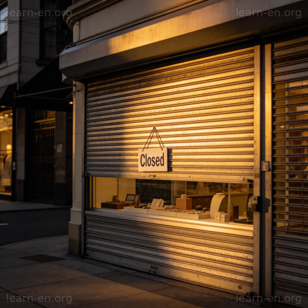 The front of a small retail shop with its metal security shutter pulled down completely, covering the entrance and display window. A simple 'Closed' sign hangs on the shutter. The street is quiet in the evening light. No text on the shutter.