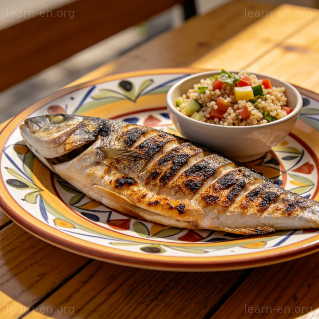 Side dish quinoa salad beside grilled fish on wooden table