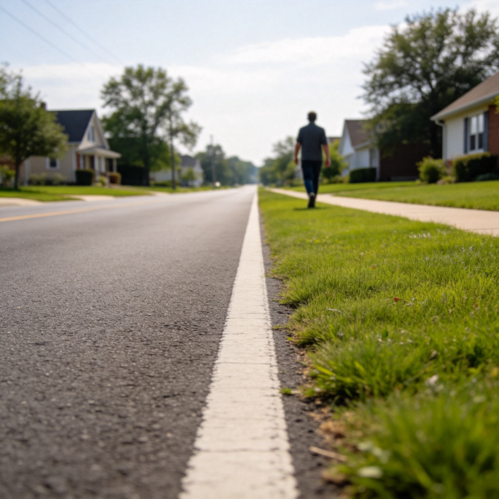 A wide, peaceful suburban street with a clear line separating the asphalt road from a green, grassy sidewalk. A person is walking on the grassy side, with houses and trees in the background. Daylight, realistic style, focus on the clear division between road and side. No text.