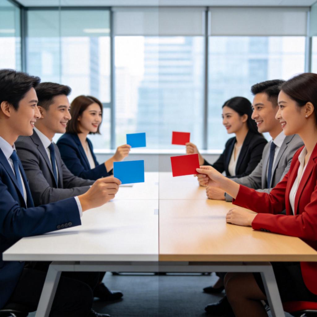 A group of people sitting around a table in a modern meeting room, clearly divided. On one side, people are gesturing with blue cards; on the other side, people are gesturing with red cards. Their expressions are engaged but respectful, showing a friendly debate. Clean background, realistic style. No text.