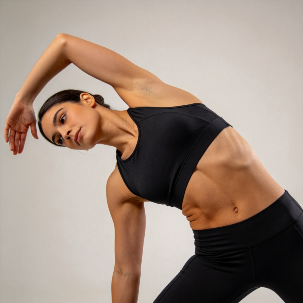 A close-up, side-view shot of a person in athletic wear doing a gentle stretch. One hand is raised over their head, bending their torso to the opposite side, clearly stretching the muscles along their waist and ribcage area. Plain background, natural lighting. No text.